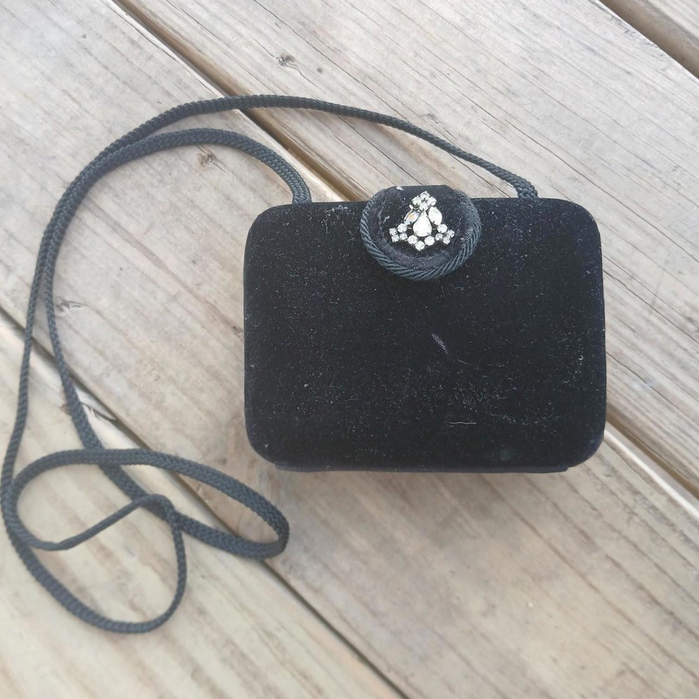 Vintage 80s Black Velvet Rhinestone Box Clutch Purse